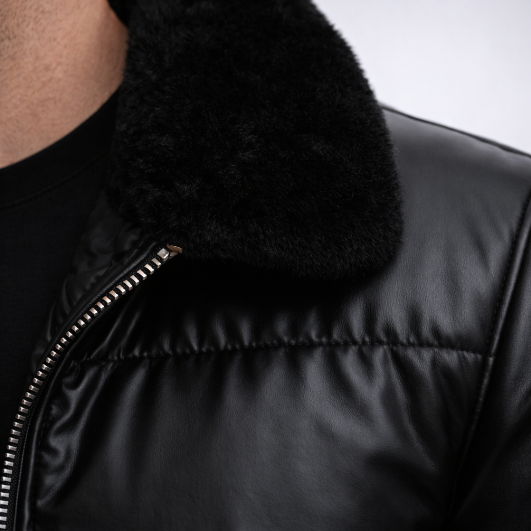 Christian Glossy Black Puffer Jacket Fur Collar | Men’s Insulated Winter Jacket